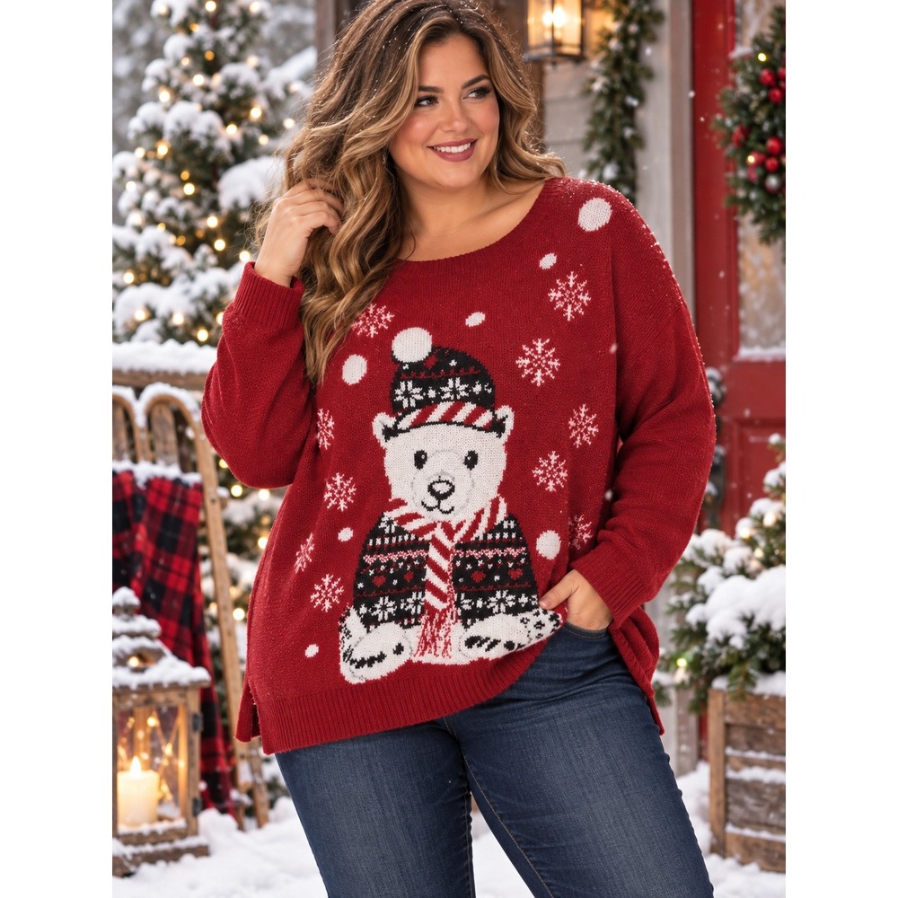 Karen Scott Ugly Christmas Sweater 2X Teddy Bear Scarf Snowflakes